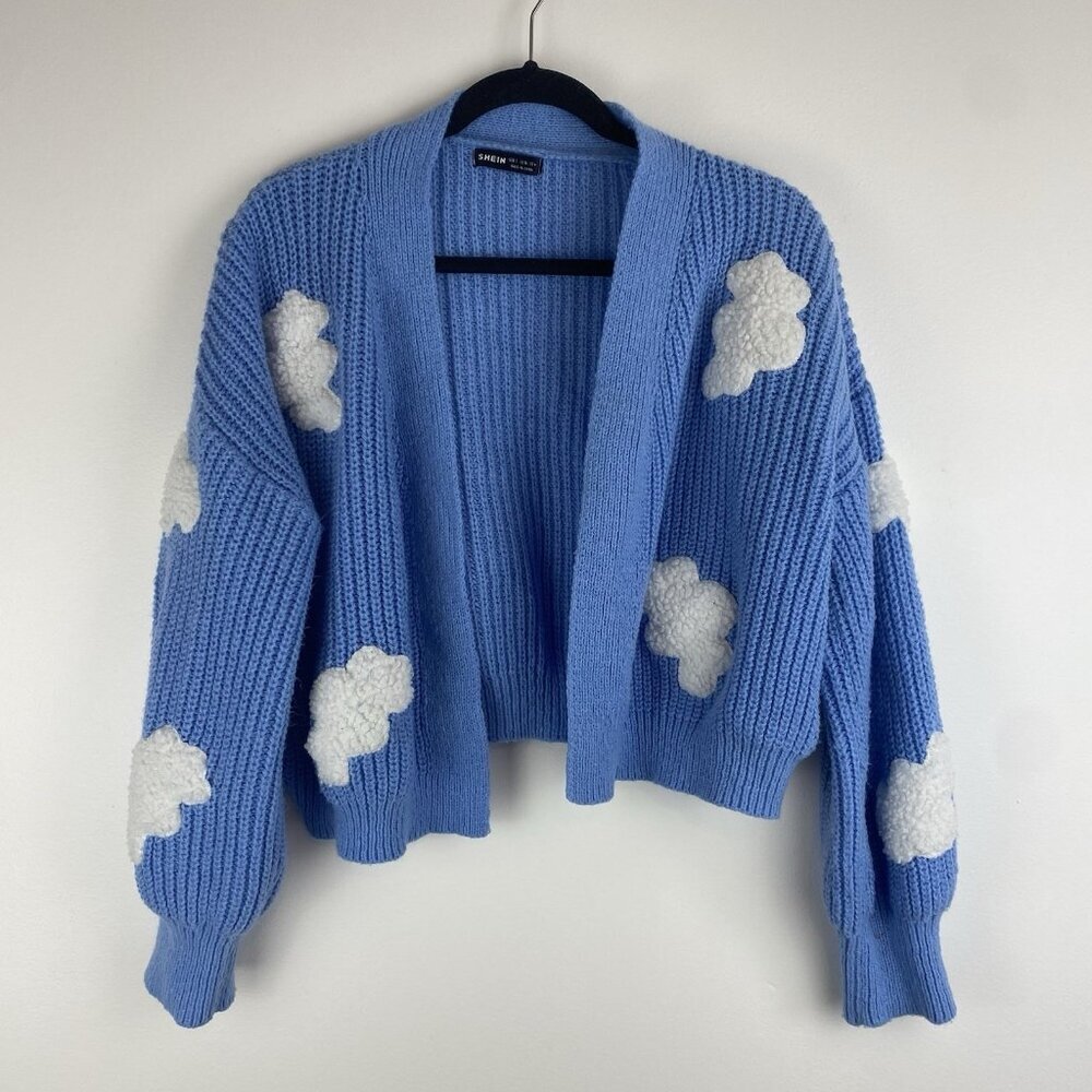 Shein Women's Cropped Cloud Knit Cardigan Size S Blue White Open Front
